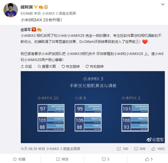 DxO 108�ֽ�������ǰ�� С��MIX 3�������������ֲ����8/MIX 2S